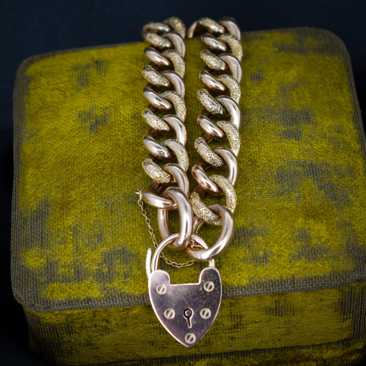 Antique Heart Padlock Fancy Curb 9ct Gold Bracelet