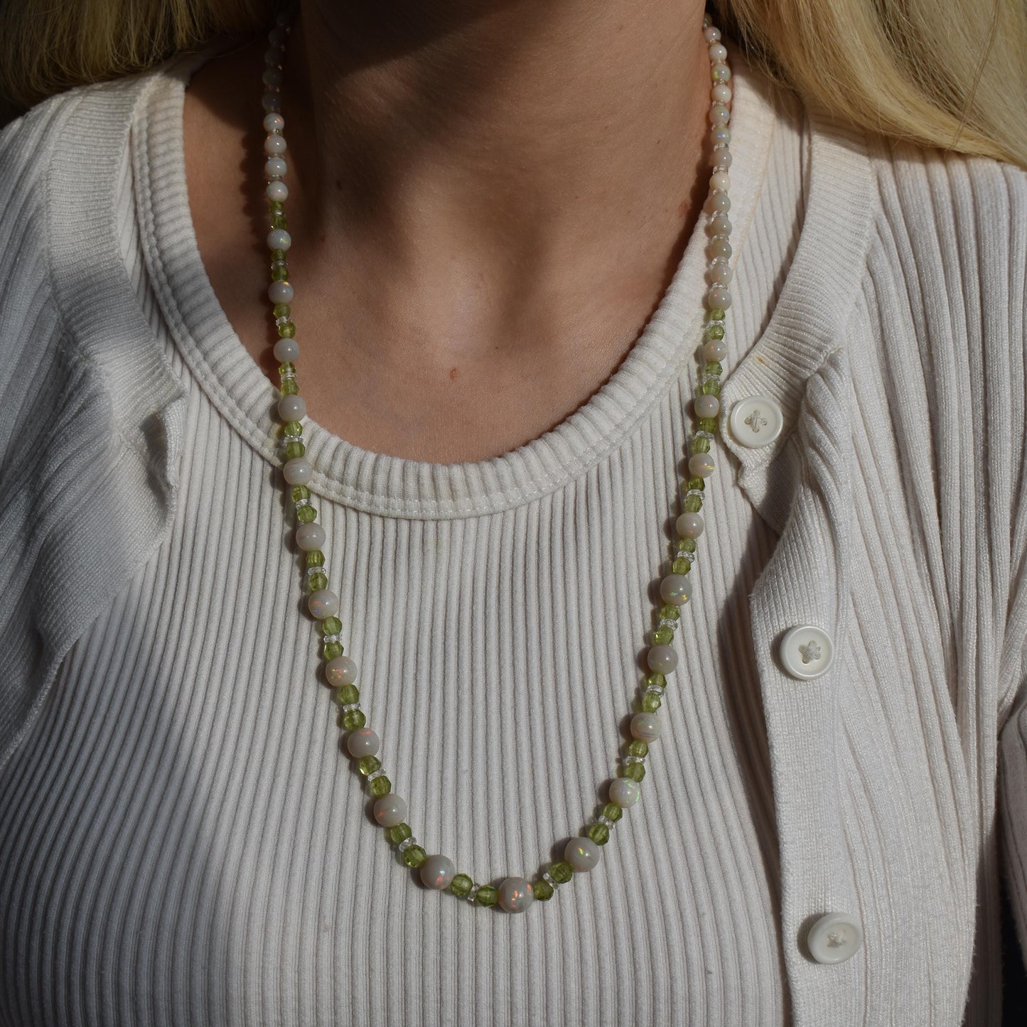 Art Deco Natural Opal Peridot and Rock Crystal Gold Beaded Necklace | 24.5"