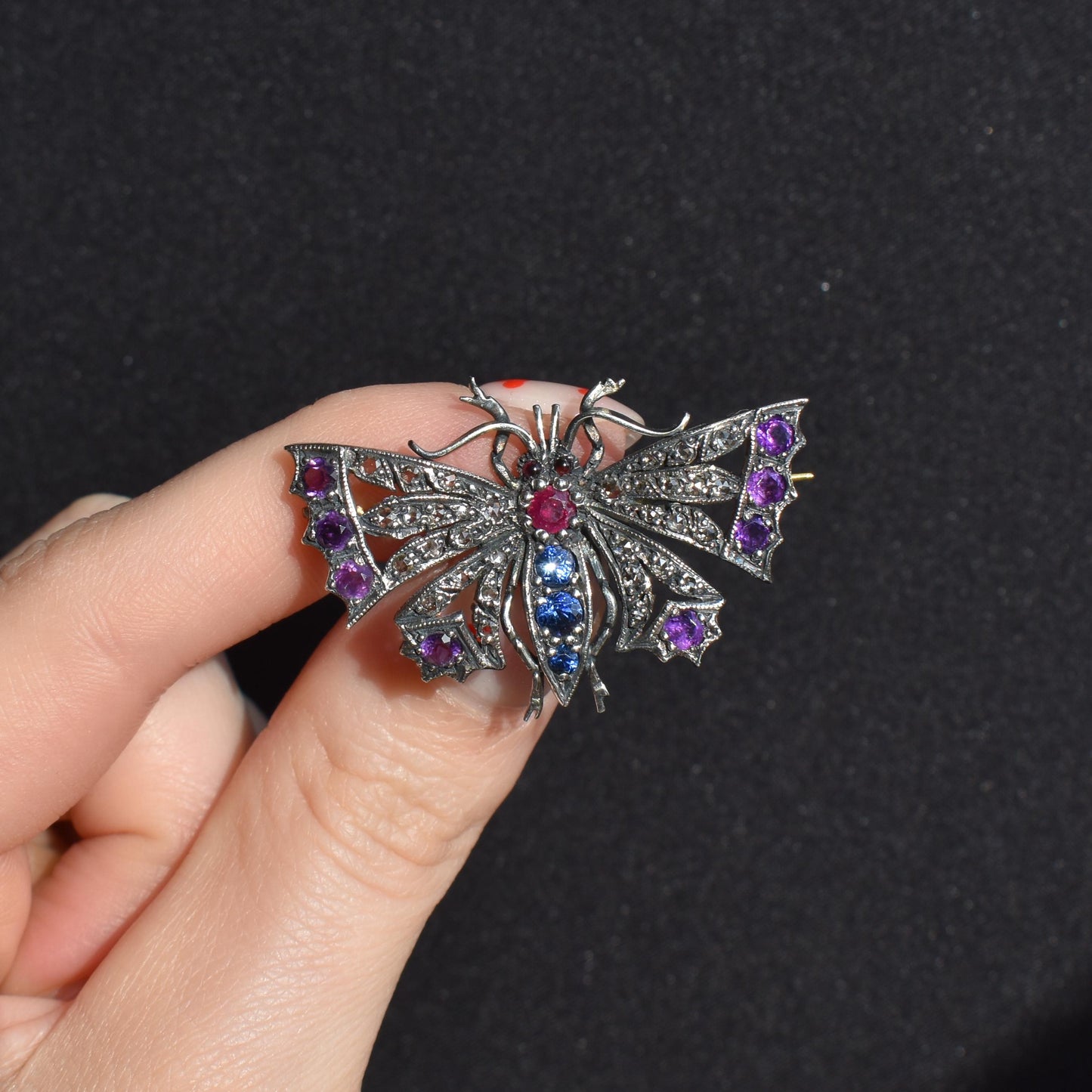 Diamond Sapphire Ruby and Amethyst Antique Style Butterfly Brooch