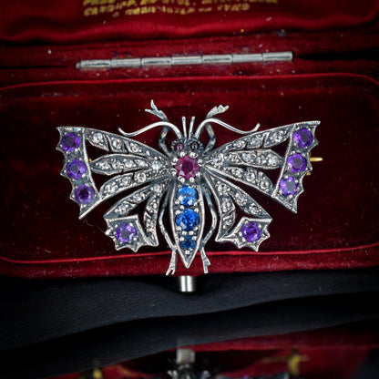 Diamond Sapphire Ruby and Amethyst Antique Style Butterfly Brooch