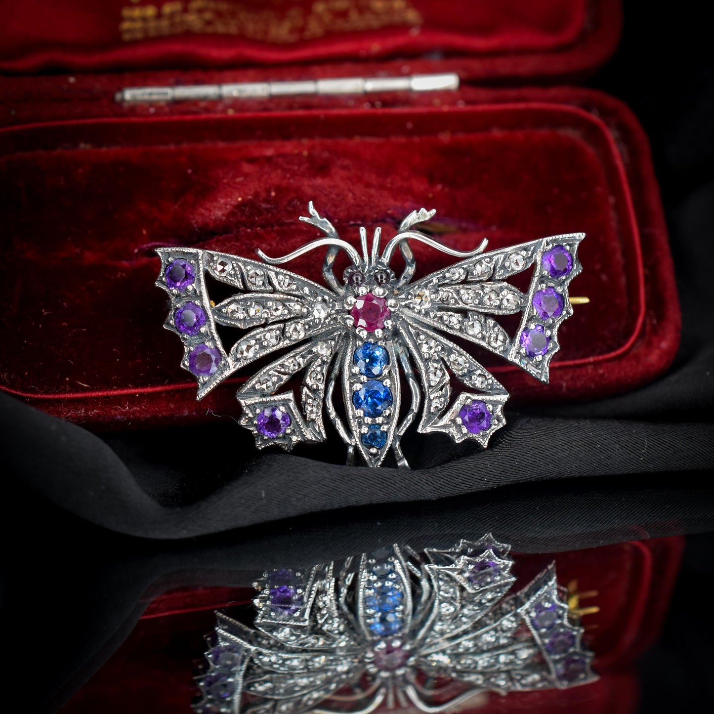 Diamond Sapphire Ruby and Amethyst Antique Style Butterfly Brooch