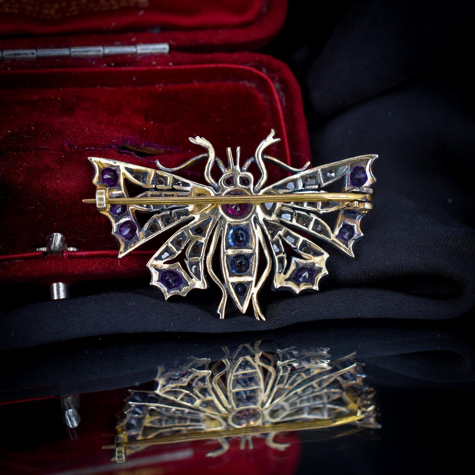 Diamond Sapphire Ruby and Amethyst Antique Style Butterfly Brooch