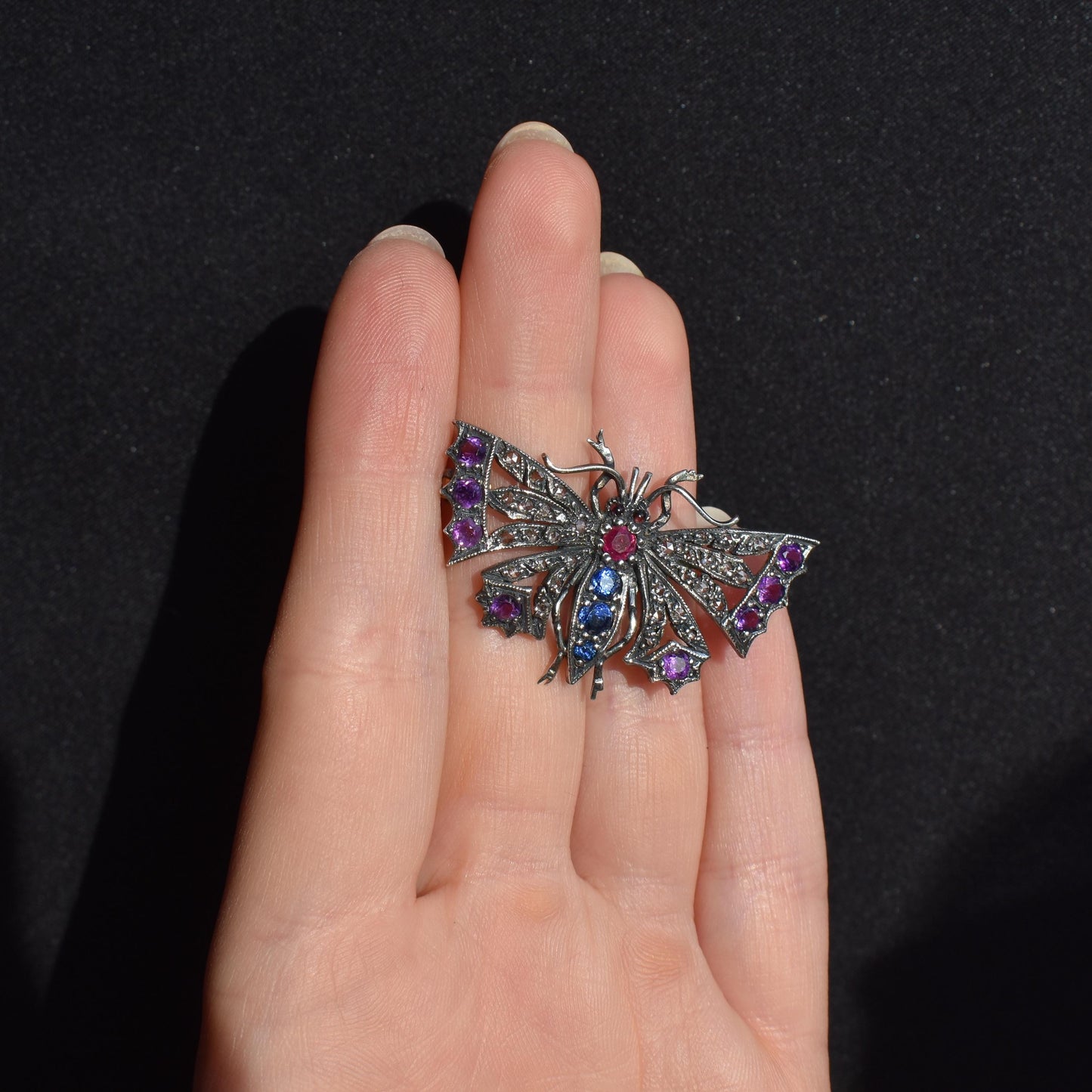 Diamond Sapphire Ruby and Amethyst Antique Style Butterfly Brooch