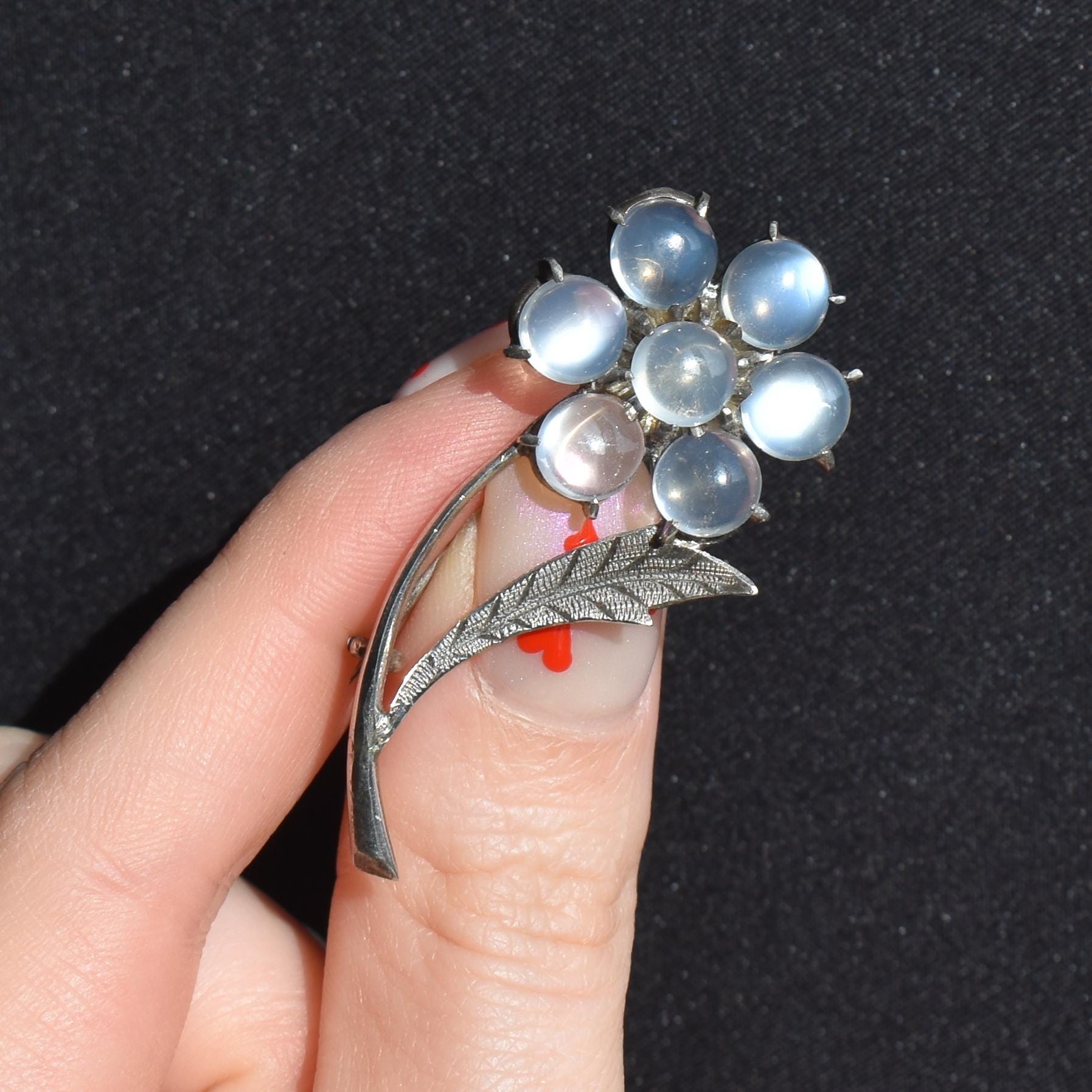 Vintage Moonstone Flower Spray Silver Brooch Pin