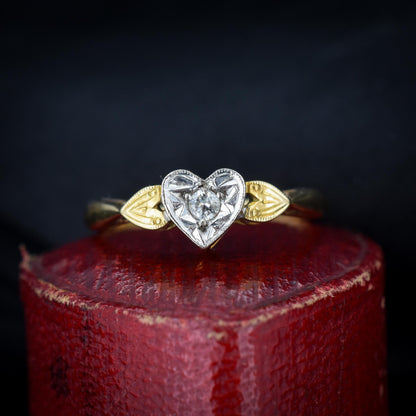 Vintage Diamond Heart Solitaire 18ct Gold and Platinum Ring