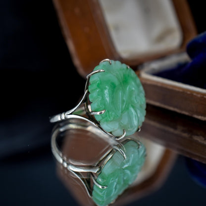 Art Deco Round Carved Jade 9ct White Gold Ring