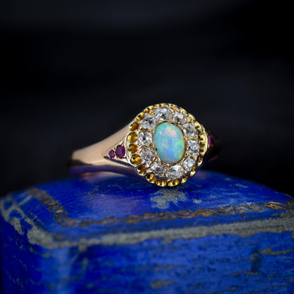 Antique Victorian Natural Opal Ruby and Diamond Cluster 18ct Gold Ring