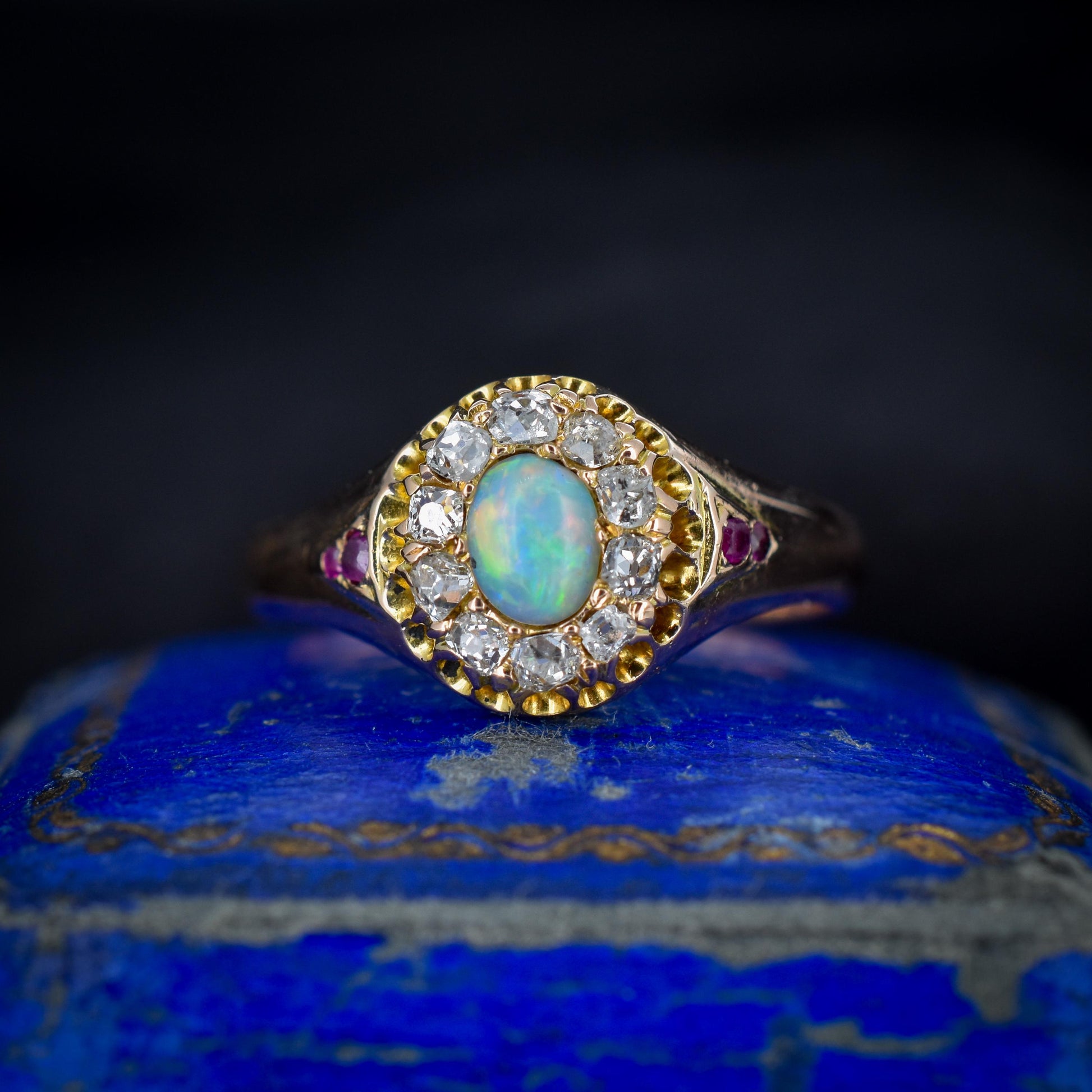 Antique Victorian Natural Opal Ruby and Diamond Cluster 18ct Gold Ring