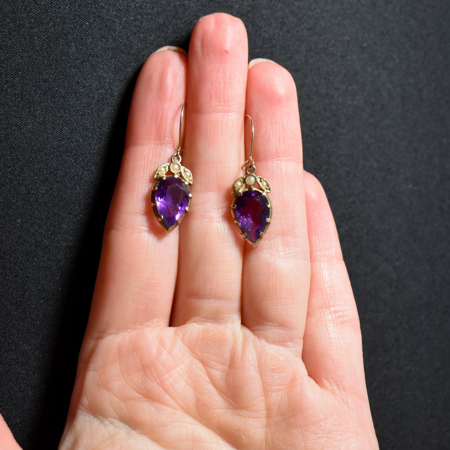 Vintage Amethyst and Pearl 9ct Yellow Gold Drop Earrings