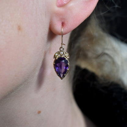 Vintage Amethyst and Pearl 9ct Yellow Gold Drop Earrings