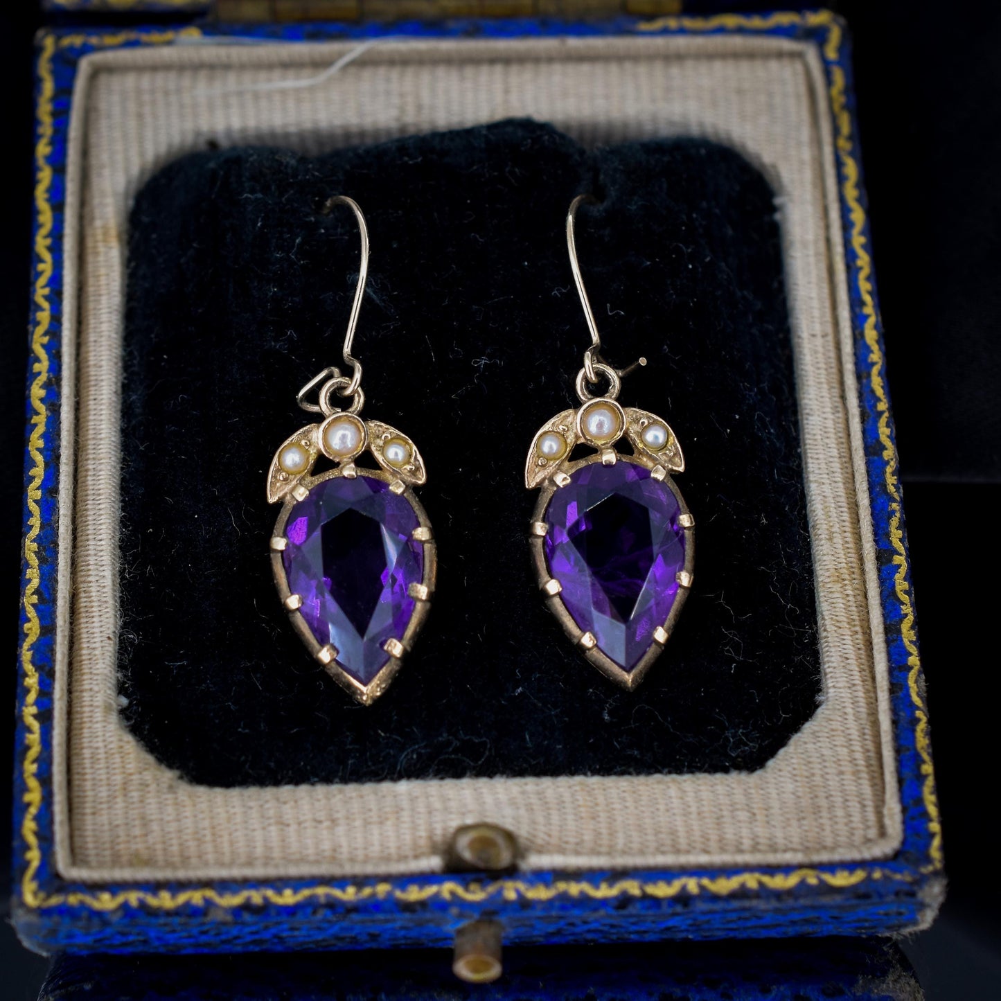 Vintage Amethyst and Pearl 9ct Yellow Gold Drop Earrings