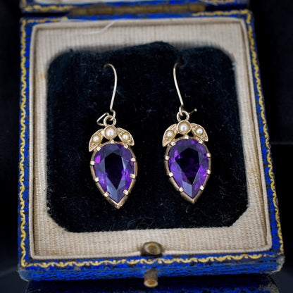 Vintage Amethyst and Pearl 9ct Yellow Gold Drop Earrings