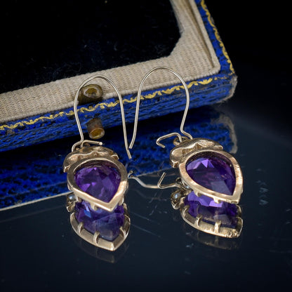 Vintage Amethyst and Pearl 9ct Yellow Gold Drop Earrings