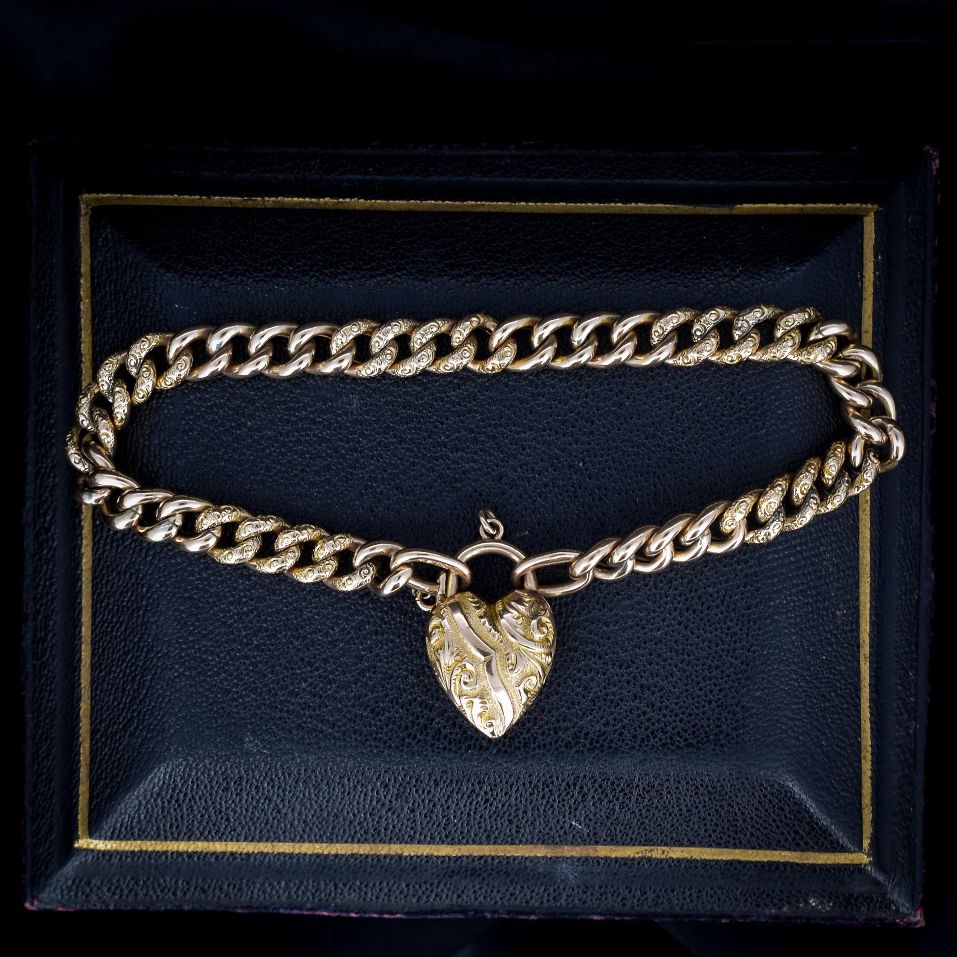 Antique Heart Padlock Fancy Curb 9ct Gold Bracelet