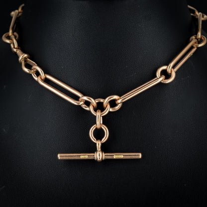 Antique '1897' 9ct Gold Trombone Link Albert Chain Necklace with Dog Clip and T-bar 13" length