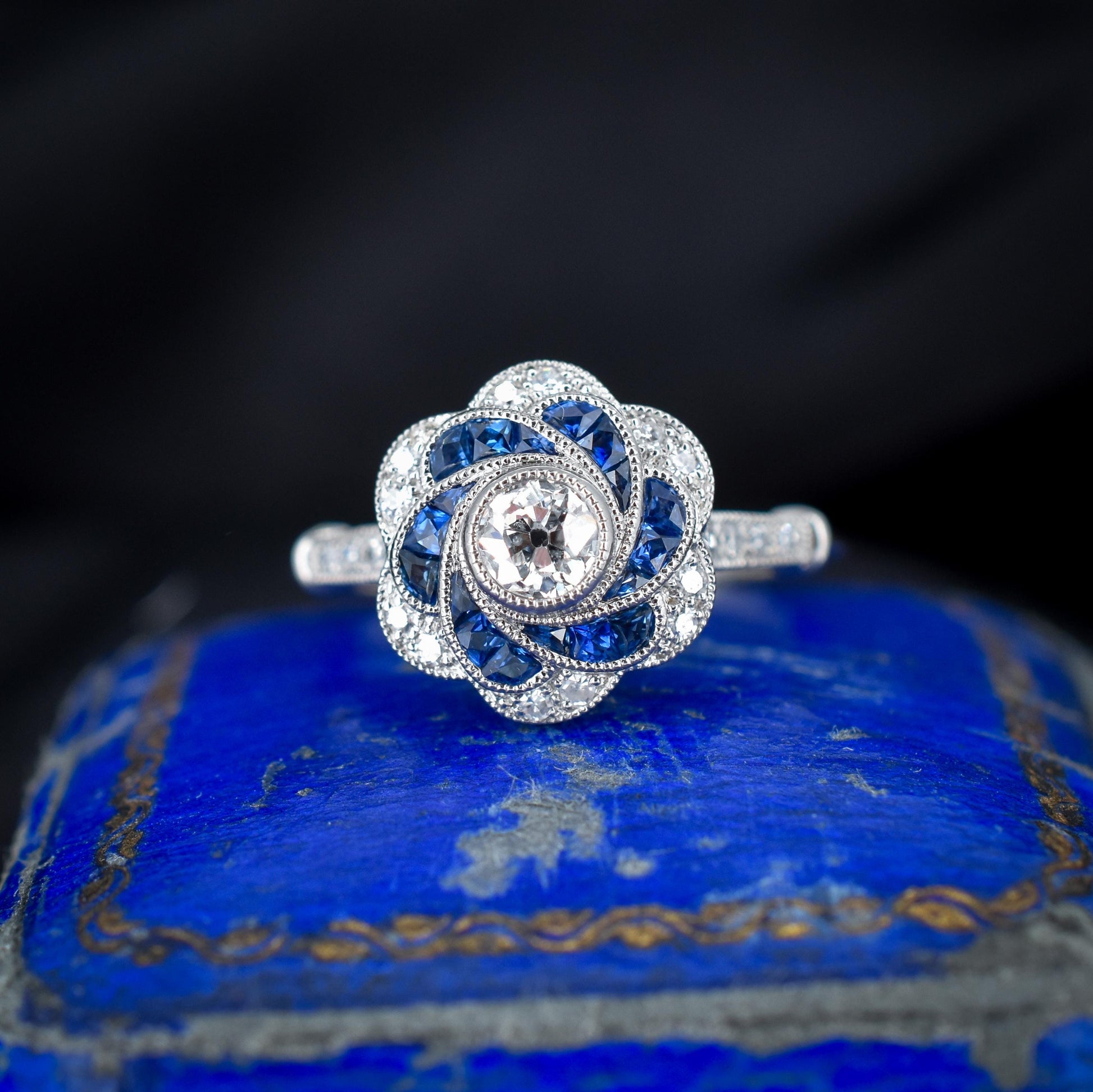 Art Deco Style Sapphire and Old Cut Diamond Flower Cluster Platinum Ring