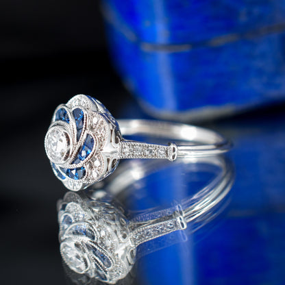 Art Deco Style Sapphire and Old Cut Diamond Flower Cluster Platinum Ring