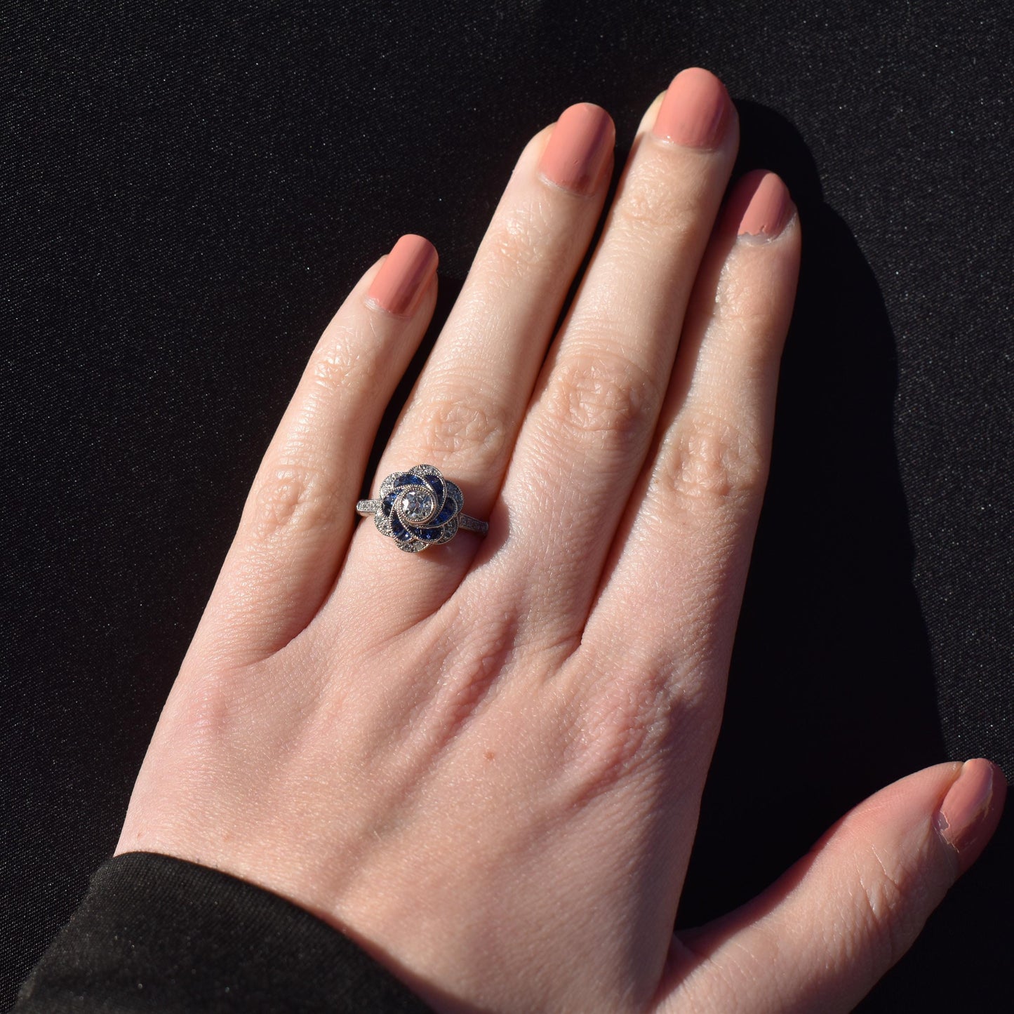 Art Deco Style Sapphire and Old Cut Diamond Flower Cluster Platinum Ring