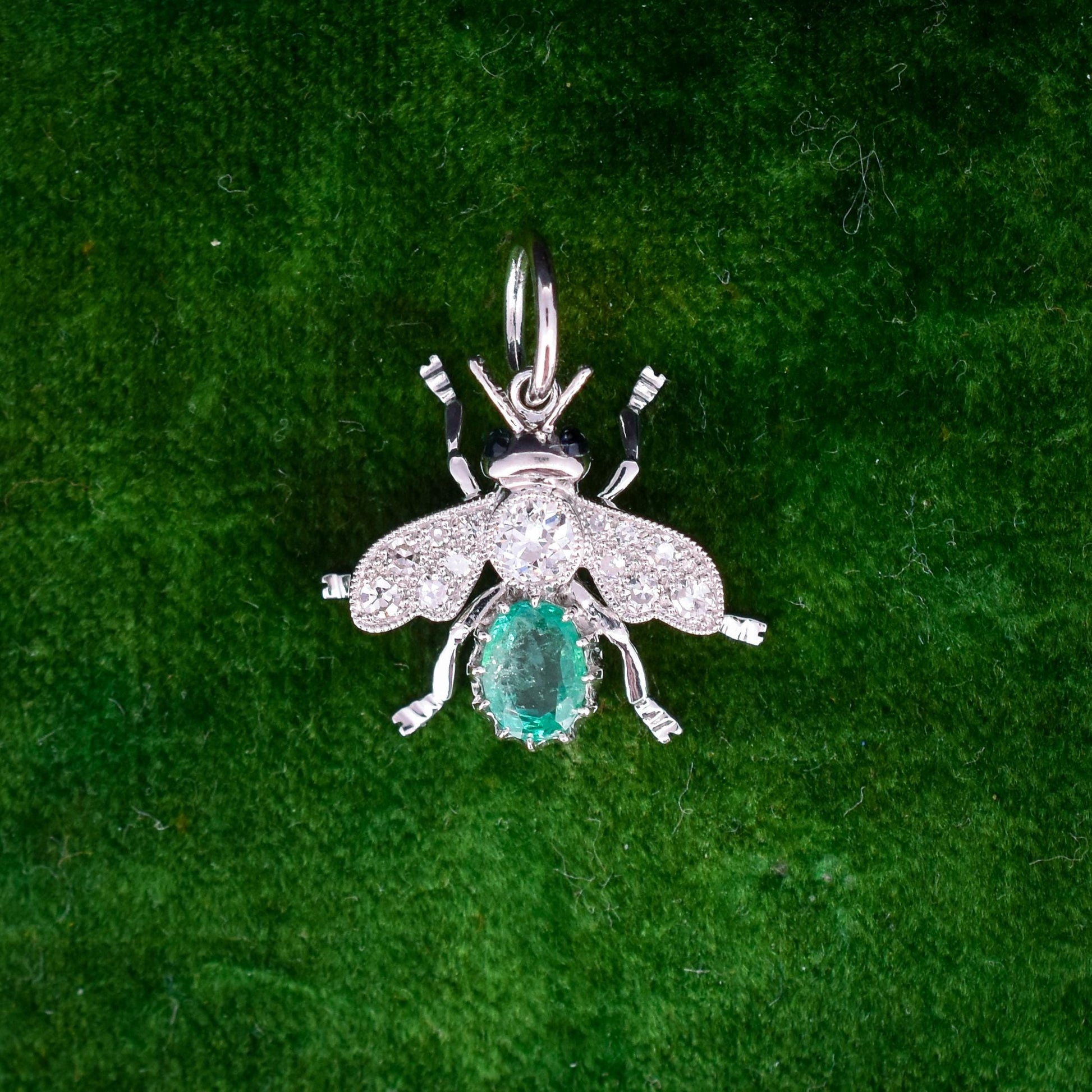 Emerald and Diamond Platinum Insect Bee Pendant | 0.47ct Emerald