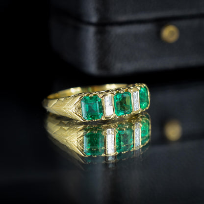 Emerald and Diamond 18ct Yellow Gold Three Stone Scroll Ring