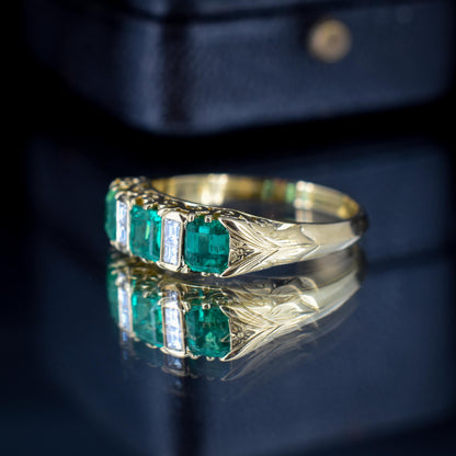 Emerald and Diamond 18ct Yellow Gold Three Stone Scroll Ring