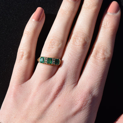 Emerald and Diamond 18ct Yellow Gold Three Stone Scroll Ring