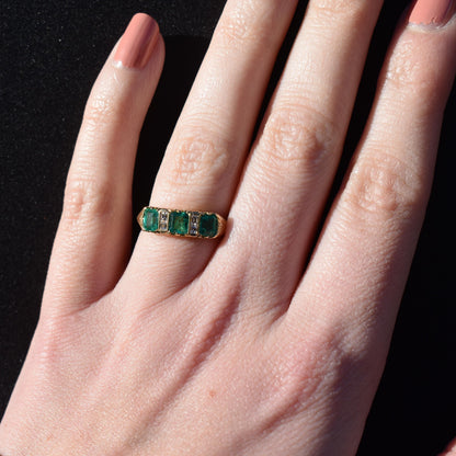 Emerald and Diamond 18ct Yellow Gold Three Stone Scroll Ring