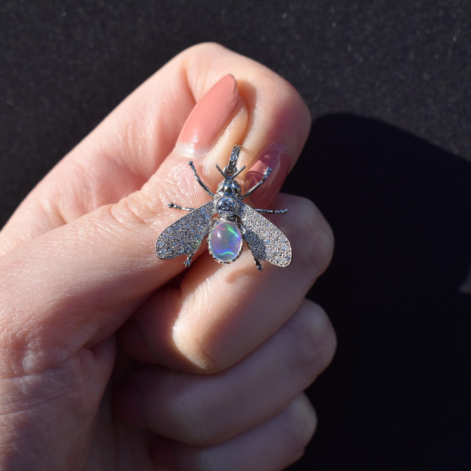 Crystal Opal and Diamond Platinum Insect Queen Bee Pendant | 0.40ct Diamond