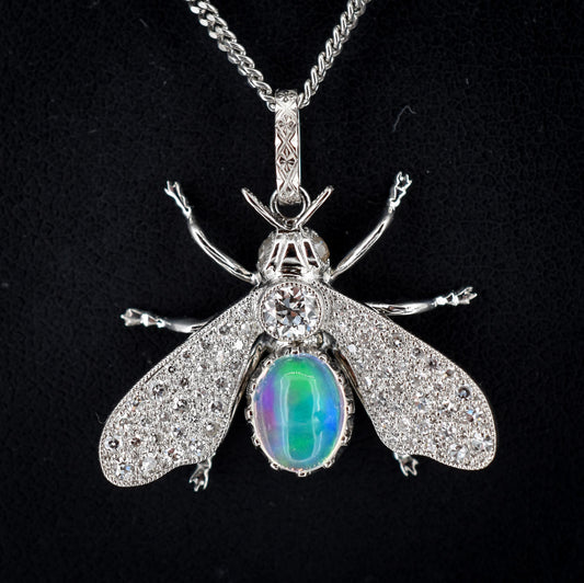 Crystal Opal and Diamond Platinum Insect Queen Bee Pendant | 0.40ct Diamond