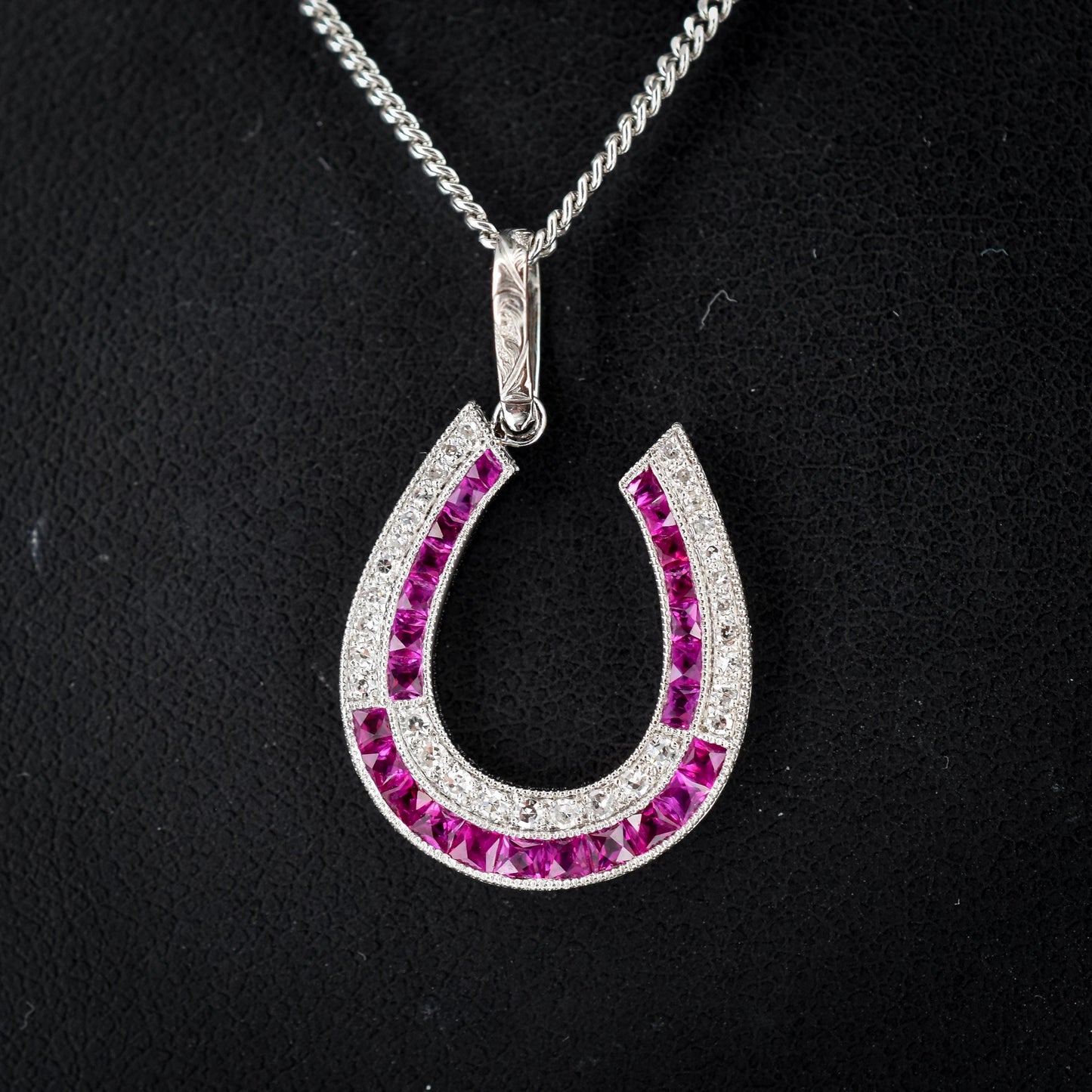 Ruby and Diamond Double Row Horseshoe Platinum Charm Pendant