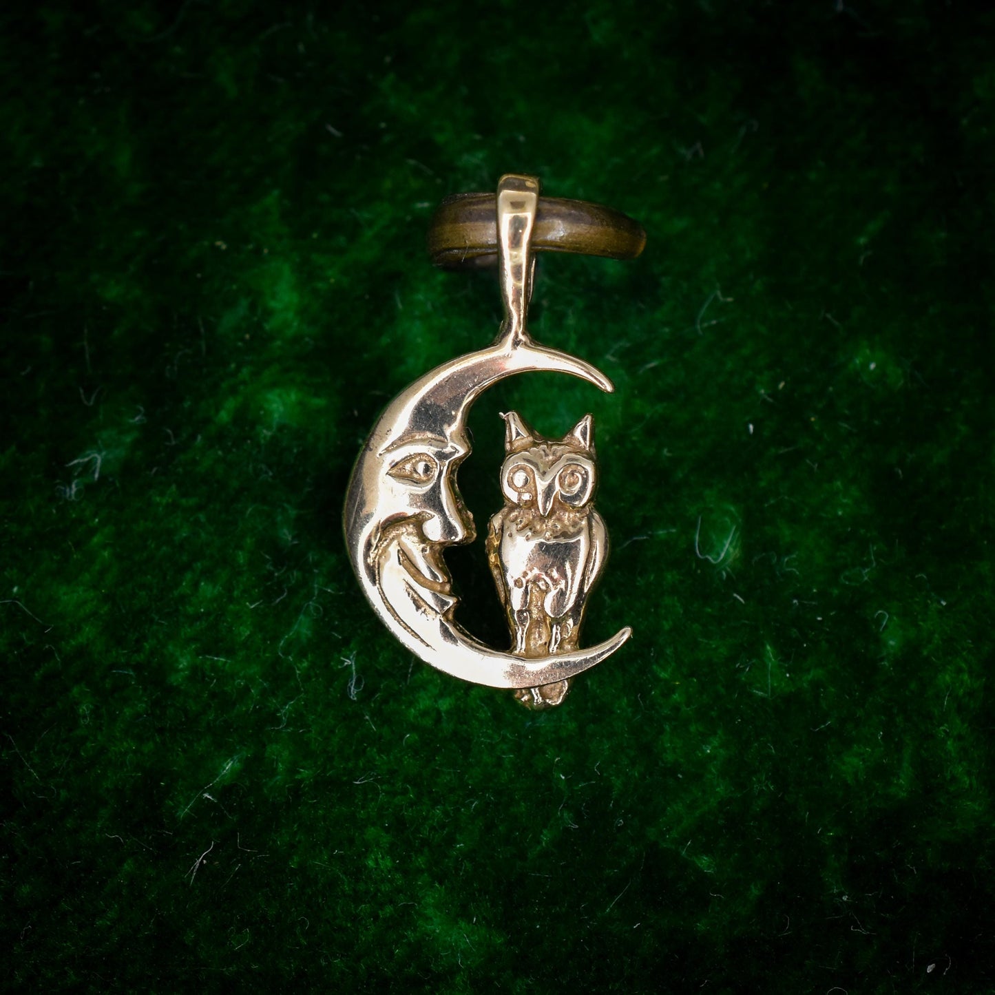 Vintage Man in the Moon Crescent Owl Gold Charm Pendant