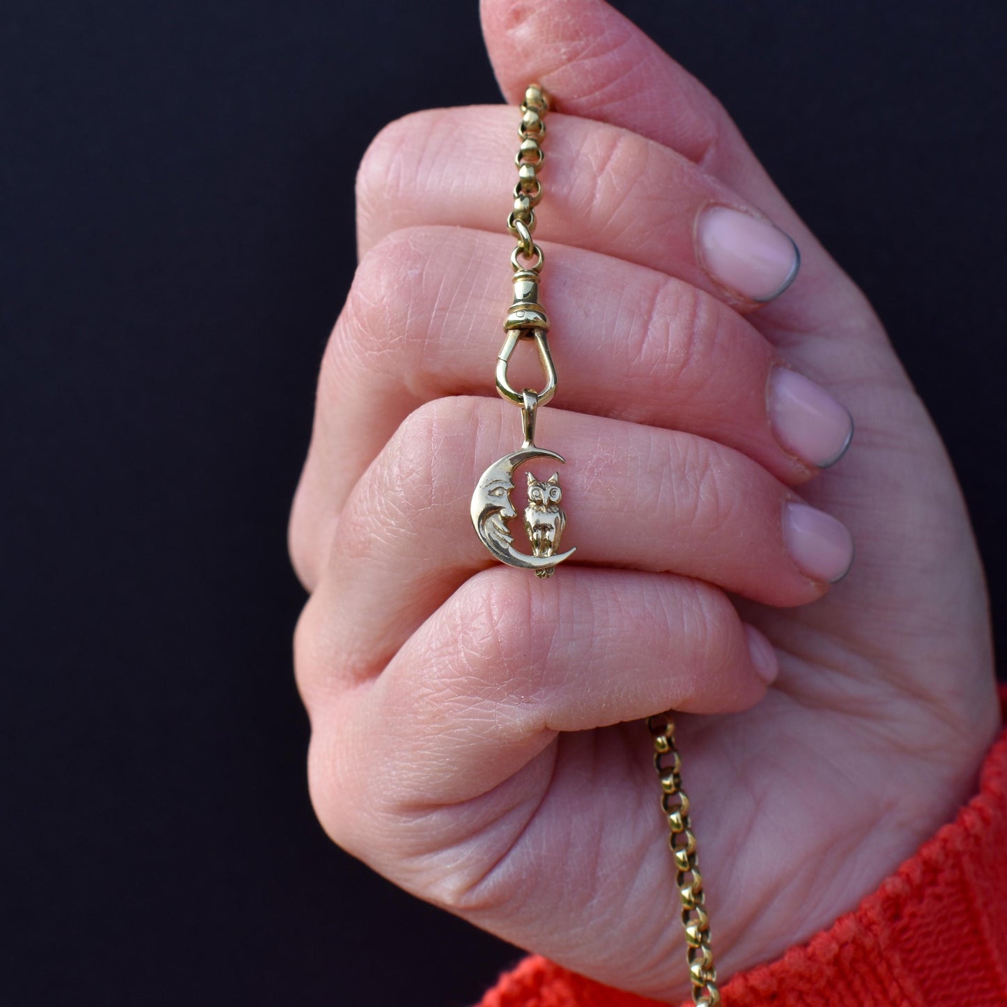 Vintage Man in the Moon Crescent Owl Gold Charm Pendant