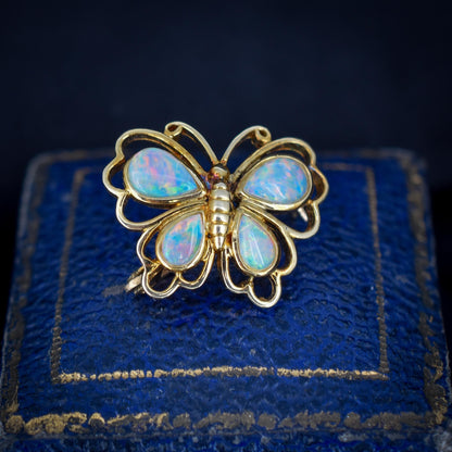 Vintage Natural Opal Butterfly 14ct Gold Brooch Pin