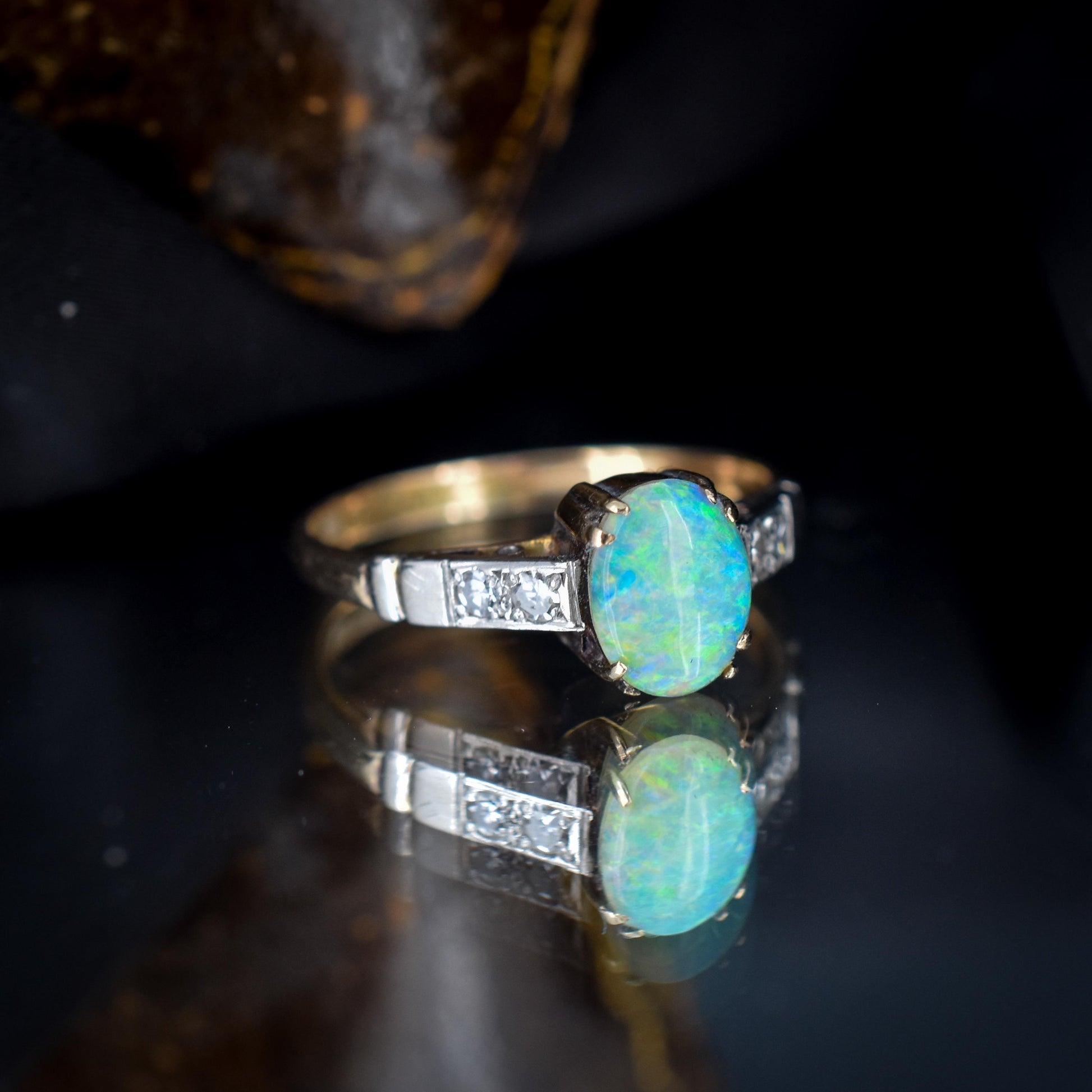 Art Deco Natural Opal and Diamond Oval Solitaire 9ct Gold Ring