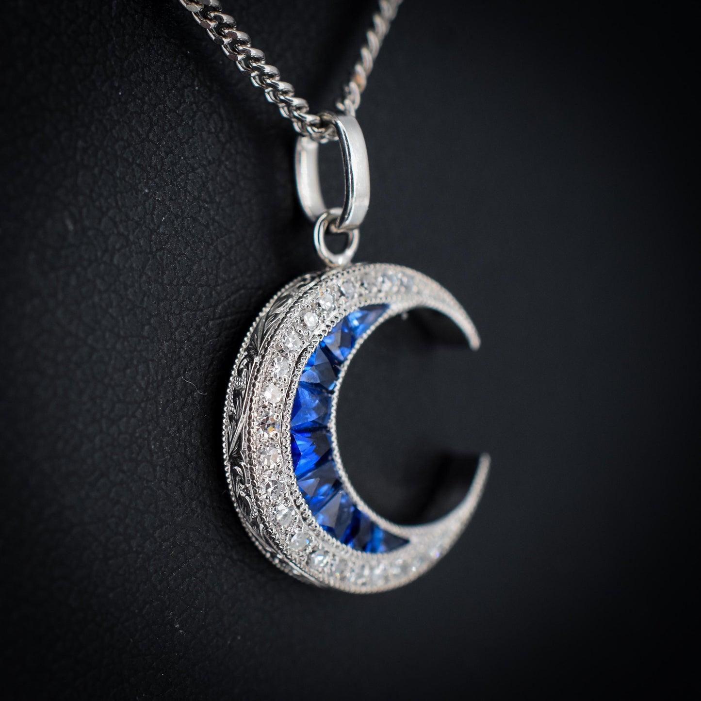 Antique Style Diamond and Blue Sapphire Crescent Moon Platinum Pendant