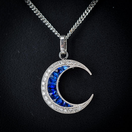 Antique Style Diamond and Blue Sapphire Crescent Moon Platinum Pendant