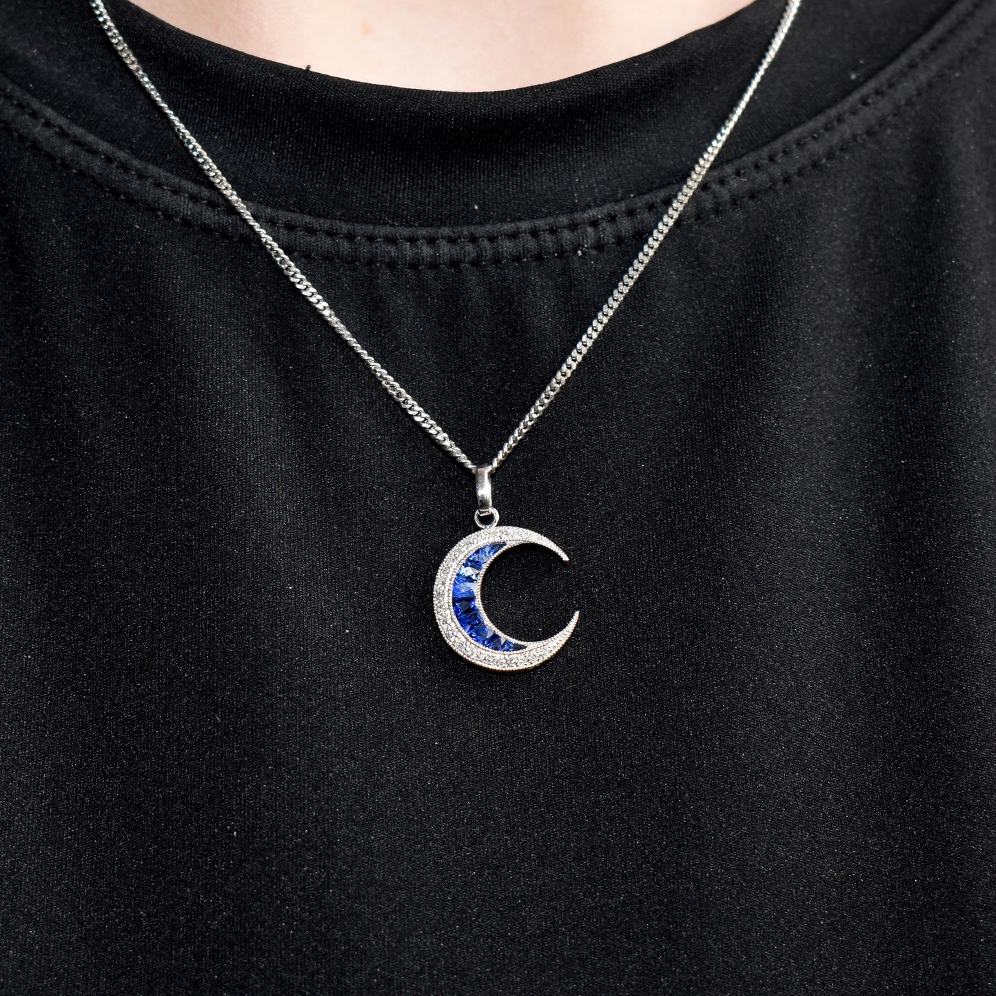 Antique Style Diamond and Blue Sapphire Crescent Moon Platinum Pendant