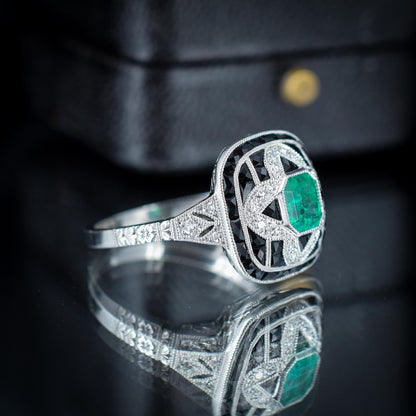 Art Deco Style Natural Emerald Diamond and Onyx Platinum Cocktail Ring