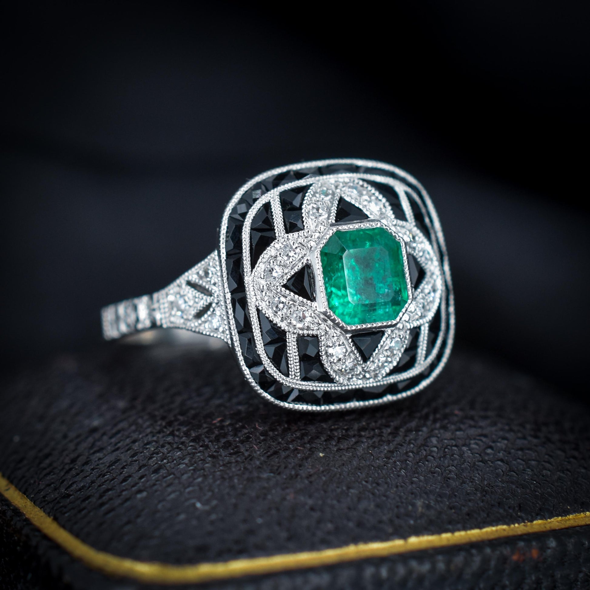 Art Deco Style Natural Emerald Diamond and Onyx Platinum Cocktail Ring