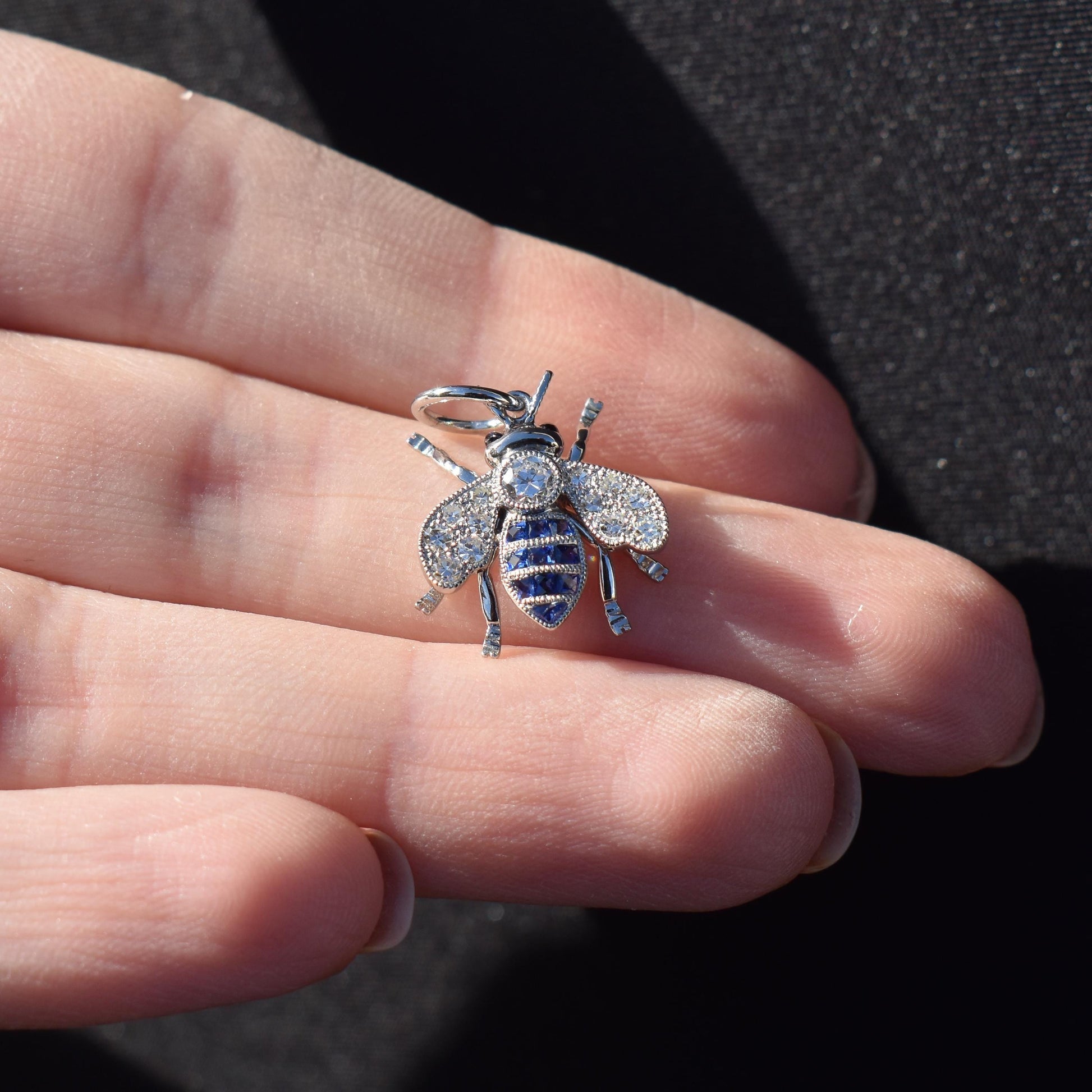 Blue Sapphire and Diamond Platinum Insect Bee Pendant | 0.25ct Diamond