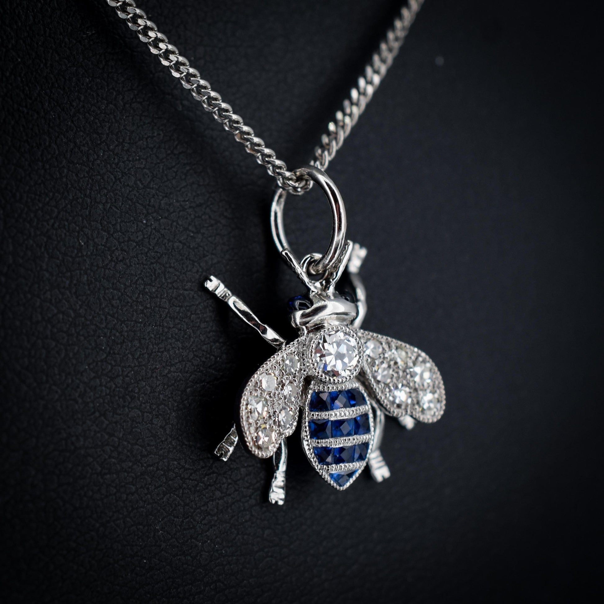 Blue Sapphire and Diamond Platinum Insect Bee Pendant | 0.25ct Diamond