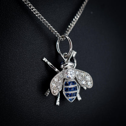 Blue Sapphire and Diamond Platinum Insect Bee Pendant | 0.25ct Diamond