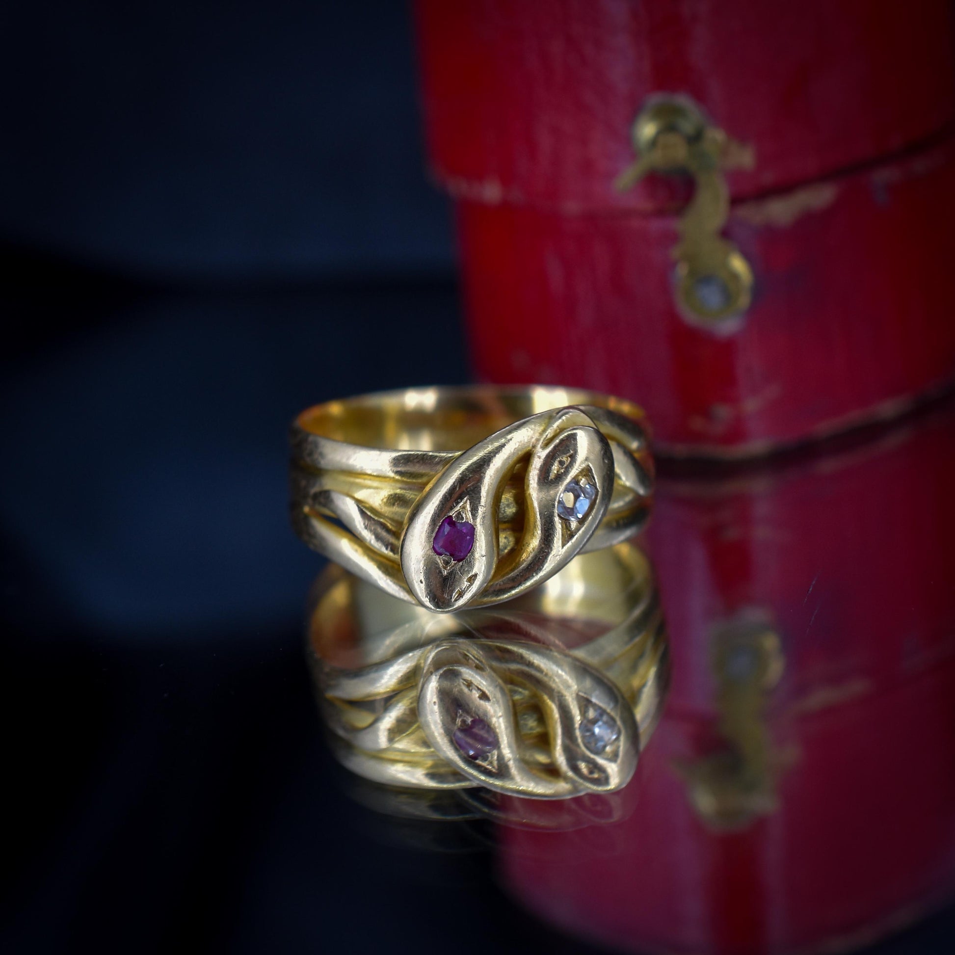 Antique Ruby and Diamond Double Snake 18ct Gold Ring