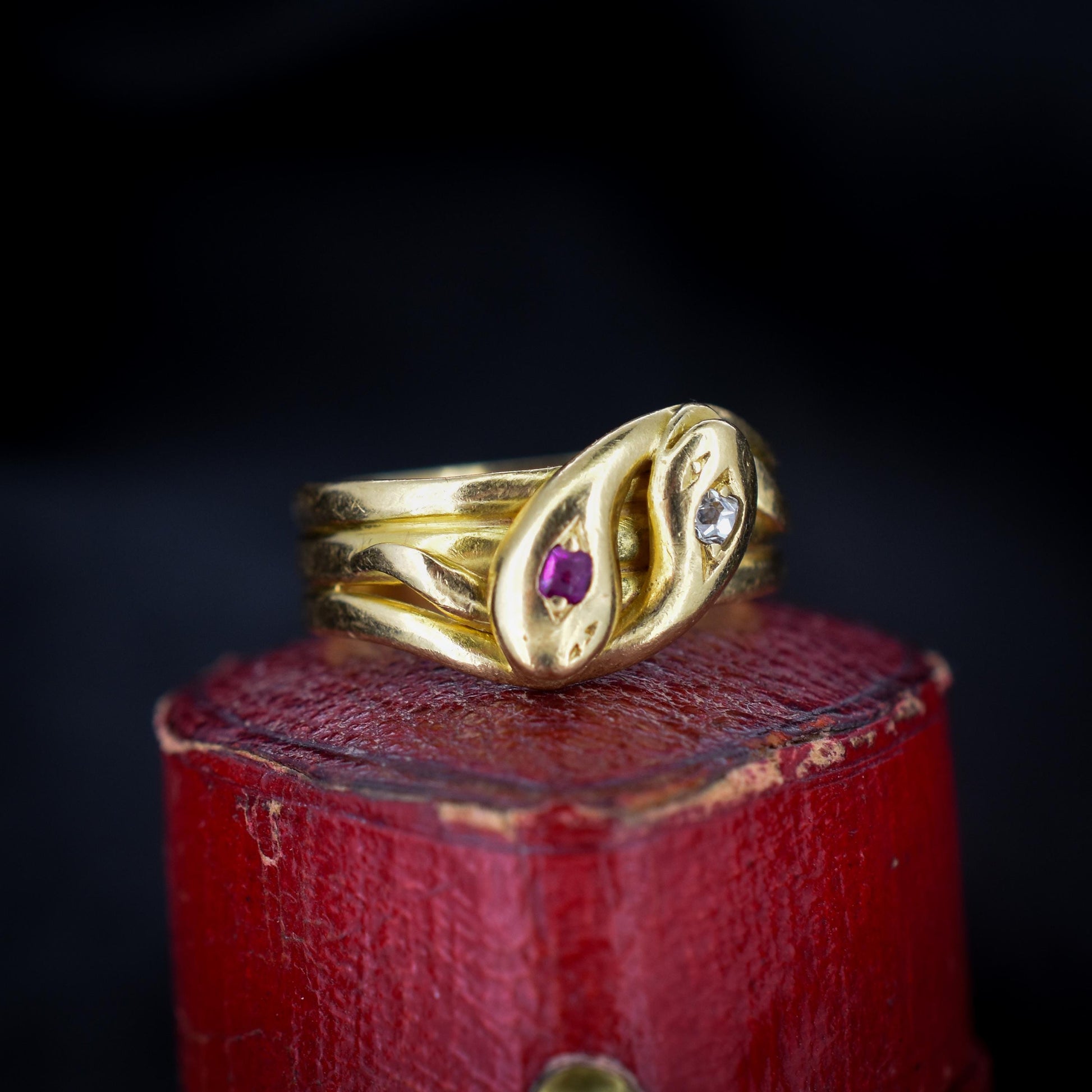 Antique Ruby and Diamond Double Snake 18ct Gold Ring