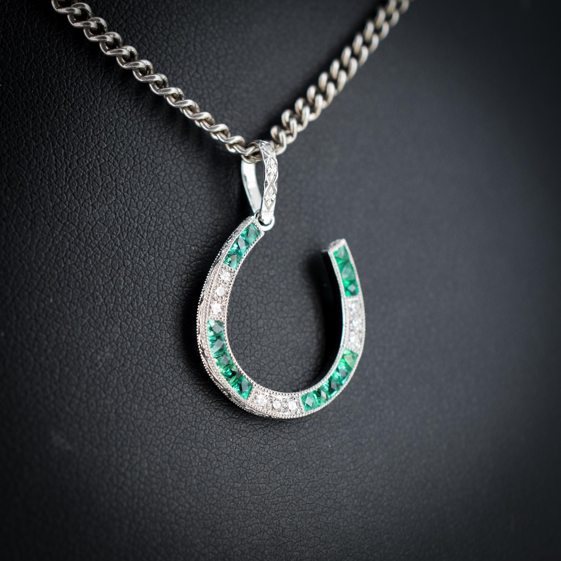 Emerald and Diamond Horseshoe Platinum Charm Pendant