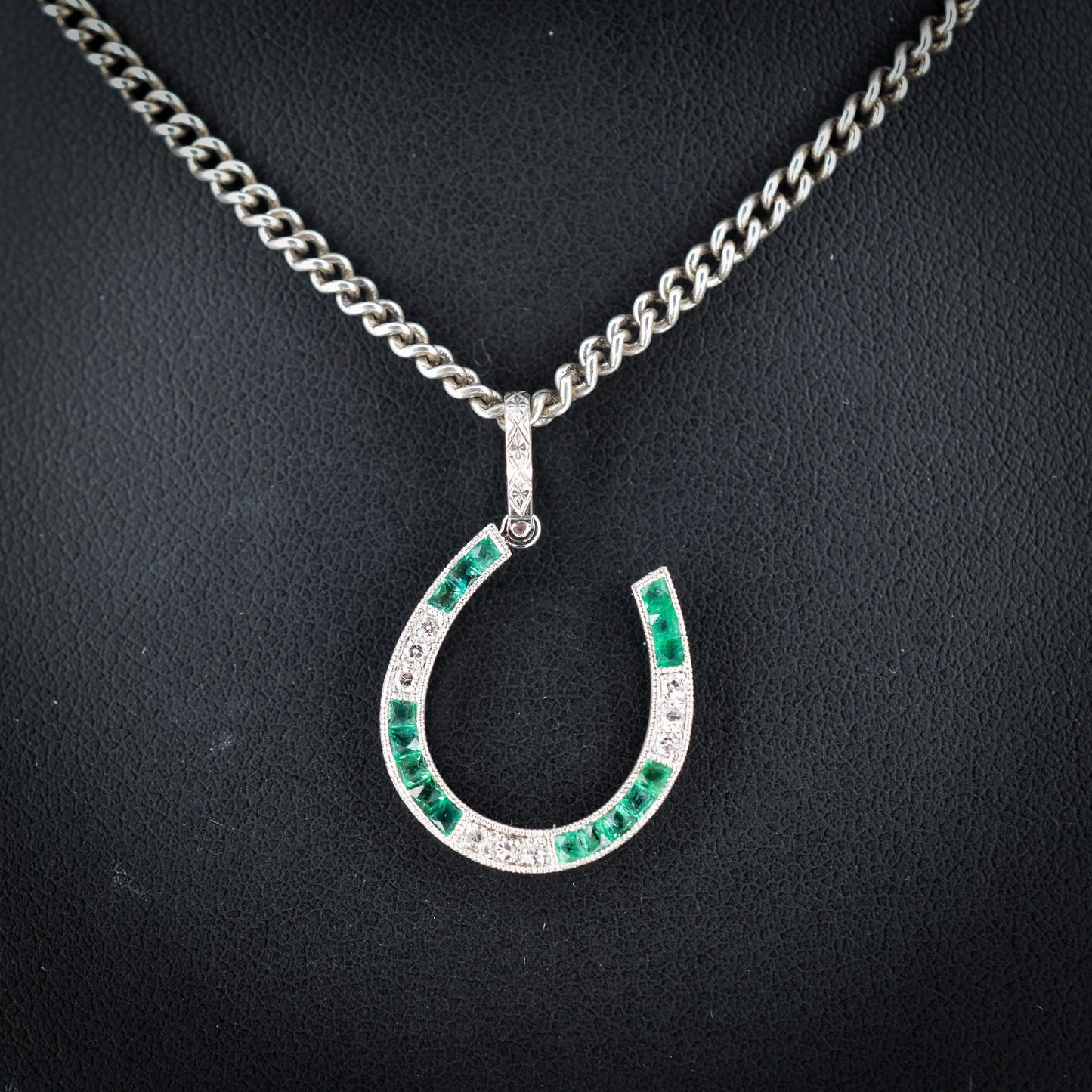 Emerald and Diamond Horseshoe Platinum Charm Pendant