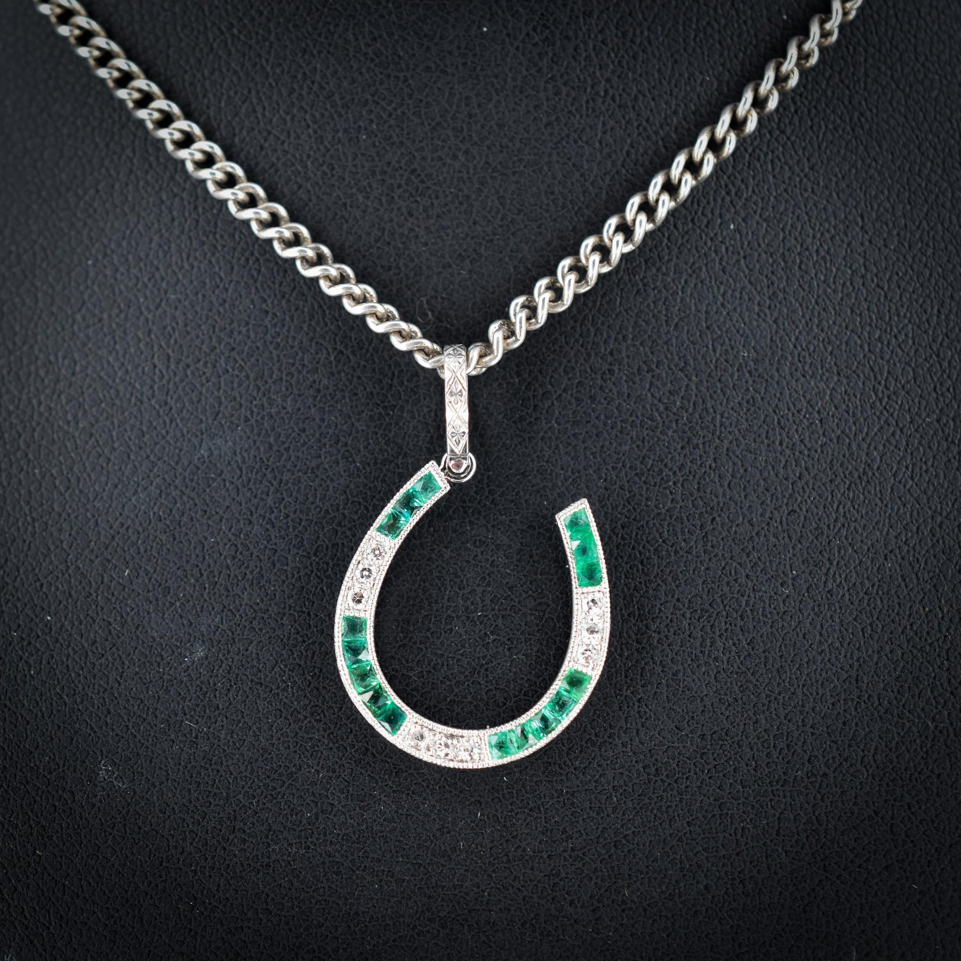 Emerald and Diamond Horseshoe Platinum Charm Pendant