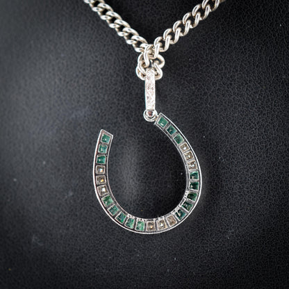 Emerald and Diamond Horseshoe Platinum Charm Pendant