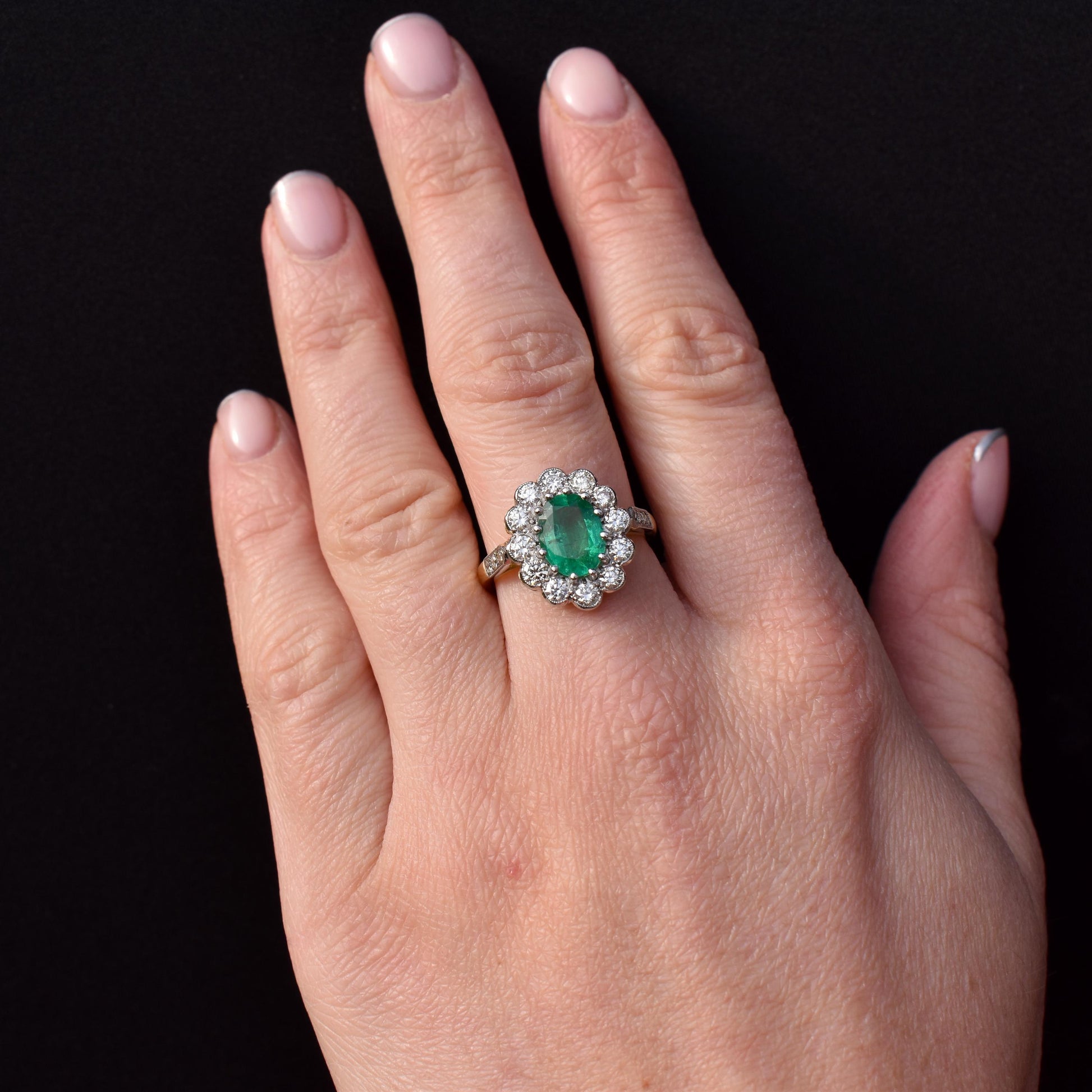 Emerald and Diamond Oval Cluster Halo 18ct Yellow Gold and Platinum Ring | Antique Style