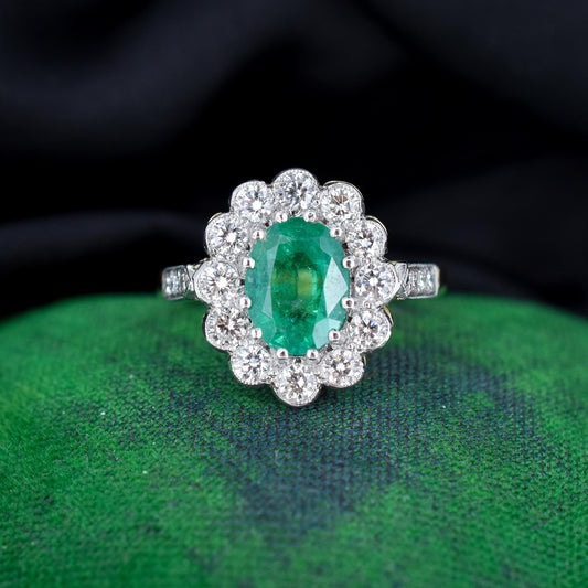 Emerald and Diamond Oval Cluster Halo 18ct Yellow Gold and Platinum Ring | Antique Style